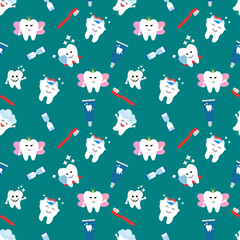 Seamless pattern with cute teeth and objects for dental care - funny toothpaste, brush, hourglass. Cute Tooth Fairy. Vector illustration.	
