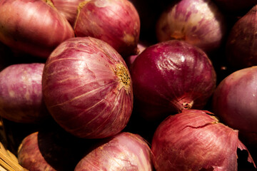 top view of red bulb onions group isolated