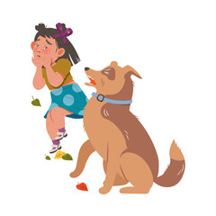 Little Girl Afraid of Dogs Dodging with Terror Vector Illustration