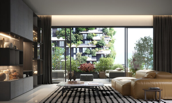 Appartamento a Milano di grande pregio, living con arredamento di design italiano, bosco verticale,rendering 3d