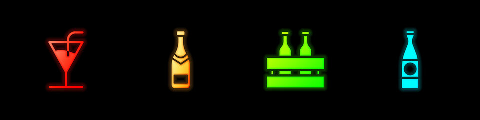 Set Cocktail, Champagne bottle, Pack of beer bottles and Beer icon. Vector