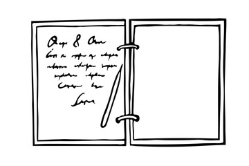 book of wishes on the rings is open with a handwritten message for the newlyweds and a pen is next to it - a vector sketch. Hand drawn vector illustration in realistic technique in doodle style