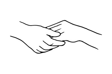 hand in hand - hand drawn vector illustration in doodle style. Realistic sketch of holding hands