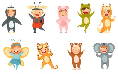 Little Boy and Girl Wearing Animal Costumes Waving Hand and Having Fun Vector Set