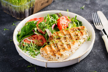 Grilled chicken fillet with salad. Keto, ketogenic, paleo diet. Healthy food.  Diet lunch concept.