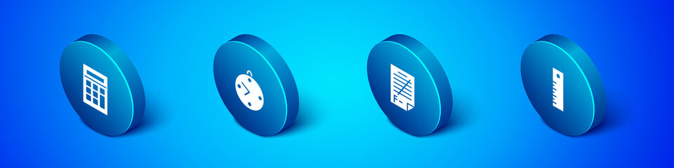 Set Isometric Calculator, Exam paper with incorrect answers, Ruler and Clock icon. Vector