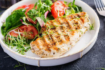 Grilled chicken fillet with salad. Keto, ketogenic, paleo diet. Healthy food.  Diet lunch concept.