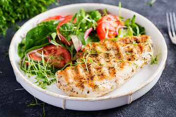 Grilled chicken fillet with salad. Keto, ketogenic, paleo diet. Healthy food.  Diet lunch concept.