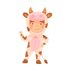 Cute Kid Wearing Cow Costume Role Playing and Having Fun Vector Illustration