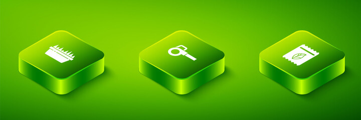 Set Isometric Leaf garden blower, Pack full of seeds of plant and Fresh grass in rectangular icon. Vector