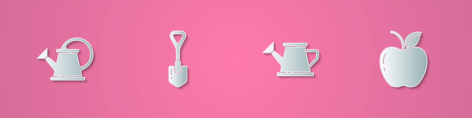 Set paper cut Watering can, Shovel, and Apple icon. Paper art style. Vector