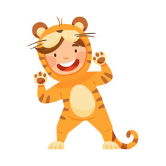 Cute Boy Wearing Striped Tiger Costume Role Playing and Having Fun Vector Illustration