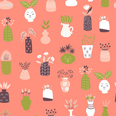 Vases seamless background. Hand drawn vector Illustration.