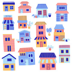 House building city landscape. Vector colorful house exterior flat illustration.