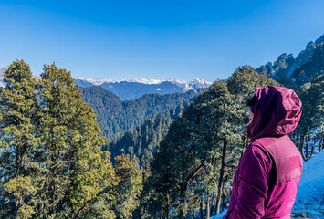 Naklejka premium Snow capped mountain ranges, Jalori Pass, Tirthan Valley, Himachal Pradesh, India