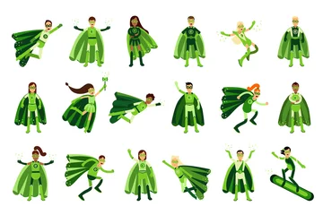 Fotobehang Young Man and Woman in Green Eco Superhero Costumes Standing and Rushing to the Rescue Vector Illustration Set © Happypictures