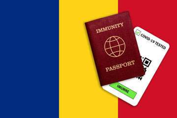 Immunity passport and test result for COVID-19 on flag of Romania