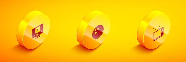 Set Isometric Online play video, Bowling ball and Retro tv icon. Vector