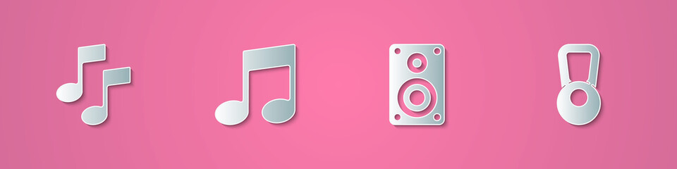 Set paper cut Music note, tone, , Stereo speaker and Kettlebell icon. Paper art style. Vector