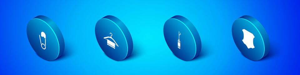 Set Isometric Safety pin, Awl tool, Leather and Hanger wardrobe icon. Vector
