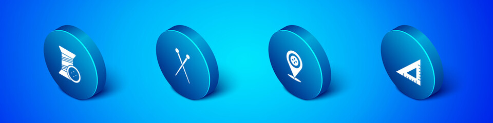 Set Isometric Sewing thread and button, Location tailor shop, Triangular ruler and Knitting needles icon. Vector