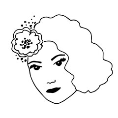 Simple vector black outline drawing. Young female face isolated on white background. Flower in curly hair, hairstyle. Cosmetics, beauty salon, product decoration.