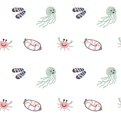 Seamless pattern with cartoon sea objects and live animals. inflatable circle, flip-flops. Crab, jellyfish. Underwater background. Vector illustration.