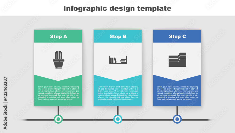 Poster set cactus and succulent in pot, shelf with books and document folder. business infographic template
