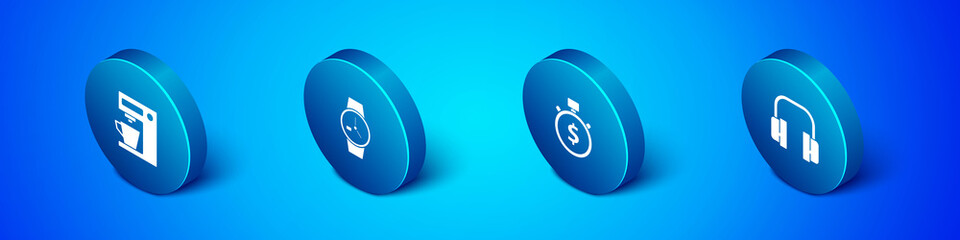 Set Isometric Coffee machine, Time is money, Headphones and Wrist watch icon. Vector