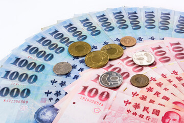 Taiwanese banknotes isolated on white background