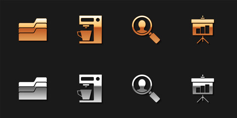 Set Document folder, Coffee machine, Magnifying glass for search people and Chalkboard with diagram icon. Vector