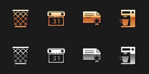 Set Trash can, Calendar, Certificate template and Coffee machine icon. Vector