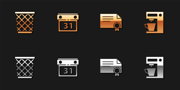 Set Trash can, Calendar, Certificate template and Coffee machine icon. Vector