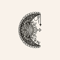 Moon crescent flower mandala.Astrology boho witch symbol amulet.Sacred mystic decoration trendy style