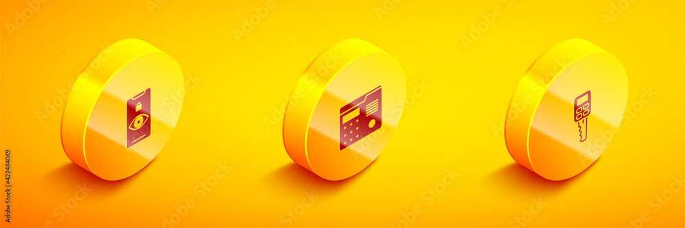 Poster set isometric eye scan, house intercom system and car key with remote icon. vector