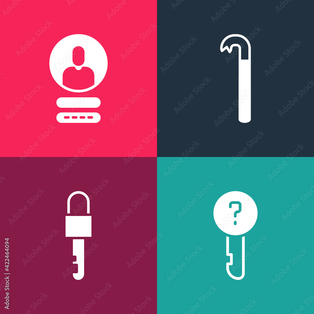 Poster set pop art undefined key, locked, crowbar and create account screen icon. vector