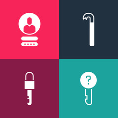 Set pop art Undefined key, Locked, Crowbar and Create account screen icon. Vector