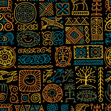 Ethnic handmade ornament, Folk Nordic Symbols. Seamless pattern for your design