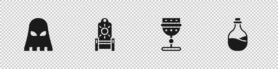 Set Executioner mask, Medieval throne, goblet and Old bottle of wine icon. Vector