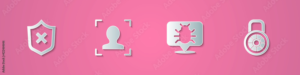 Poster set paper cut shield with cross mark, face recognition, system bug and safe combination lock icon. p