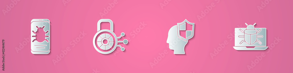 Poster set paper cut system bug on mobile, cyber security, head with shield and monitor icon. paper art sty