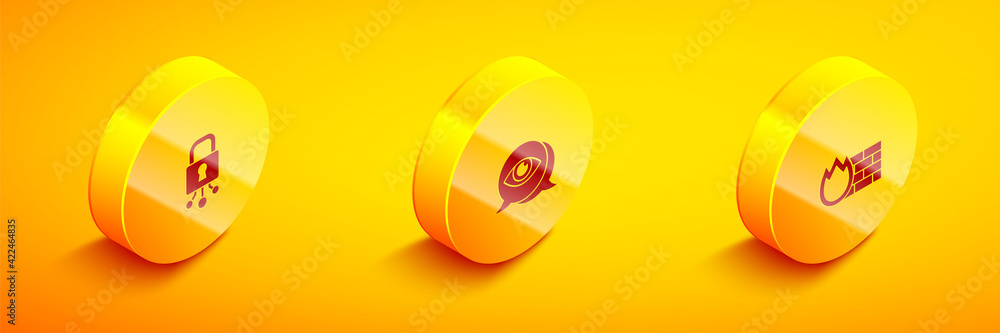 Poster set isometric cyber security, eye scan and firewall, wall icon. vector