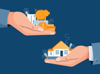 Buying a house vector illustration. Buyer brings money for home purchase dealing. Seller gives house to a customer. Deal sale, mortgage, real estate property concept for banner. Flat cartoon design