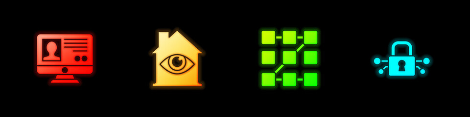Set Create account screen, House with eye scan, Graphic password protection and Cyber security icon. Vector