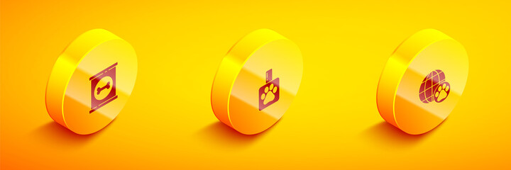 Set Isometric Canned food, Pet shampoo and World pet icon. Vector