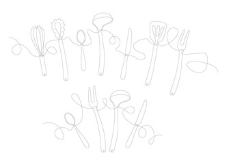Continuous one line drawing. restaurant logo. Black and white vector illustration. Kitchen stuff one line continuous drawing minimalist design on white background