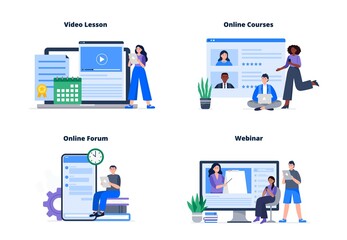 Set of online course concepts. People choose an online course, watch a video lesson and webinar, communicate at a forum. Vector flat illustration.