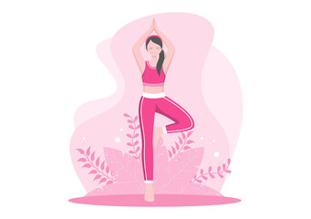 Obraz na płótnie Canvas Yoga or Meditation Practices Aim for Health Benefits of the Body to Control Thoughts, Emotions, Inception and Searching for Ideas. Flat Design Vector Illustration