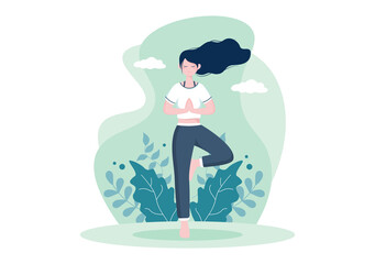 Yoga or Meditation Practices Aim for Health Benefits of the Body to Control Thoughts, Emotions, Inception and Searching for Ideas. Flat Design Vector Illustration