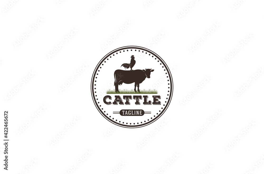 Poster cattle logo with a cow and chicken illustration on it